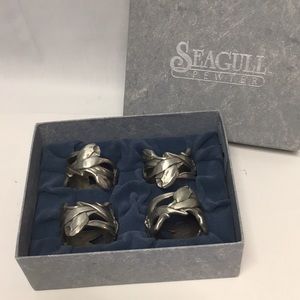 Seagull pewter floral napkin ring 4pc set 1990 original box made in Canada
